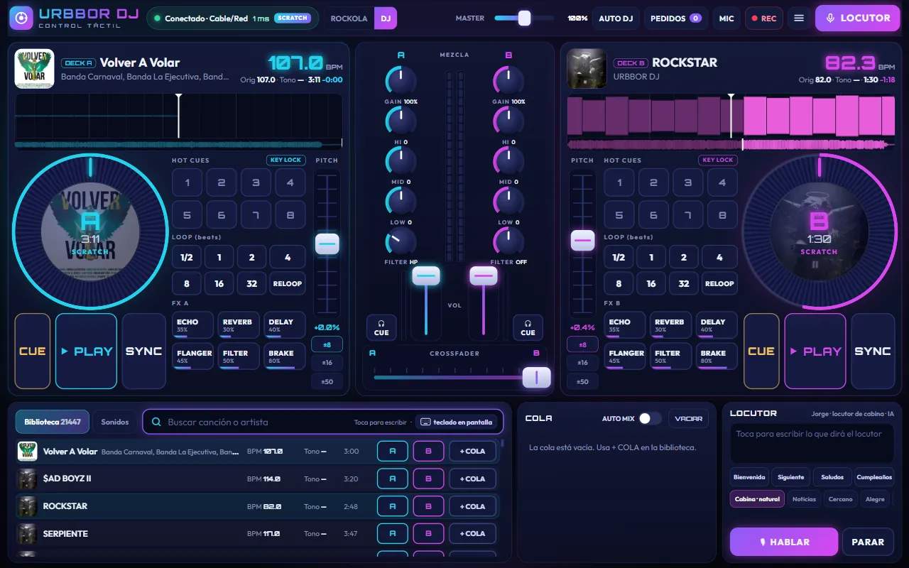 URBBOR DJ Control en Windows: decks A y B, mezcladora, EQ y crossfader, conectado por cable